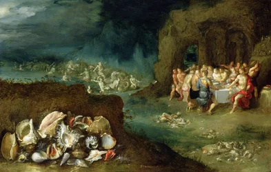 Naturaleza muerta de conchas con la Fiesta de los Dioses, c.1615
